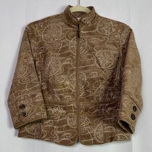 Coldwater Creek Jacket Brown Embroidered Floral Gold Glitter 3/4 Sleeve Jacket